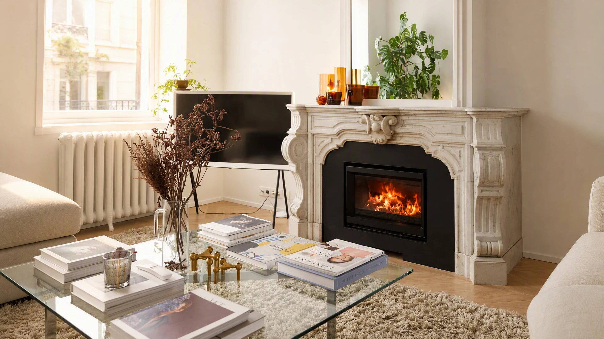 Ouvrier en équipement de sécurité installe une cheminée à foyer fermé dans maison en rénovation