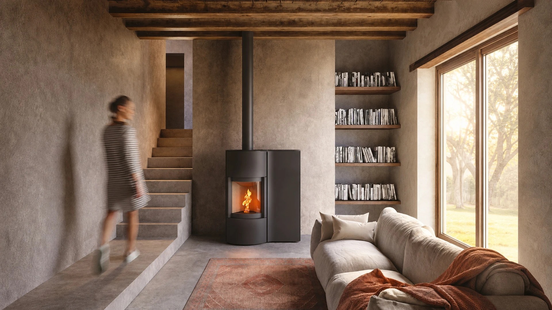 Intérieur moderne avec poêle à granulés cylindrique noir en fonctionnement, flammes orange vives visibles derrière vitre panoramique