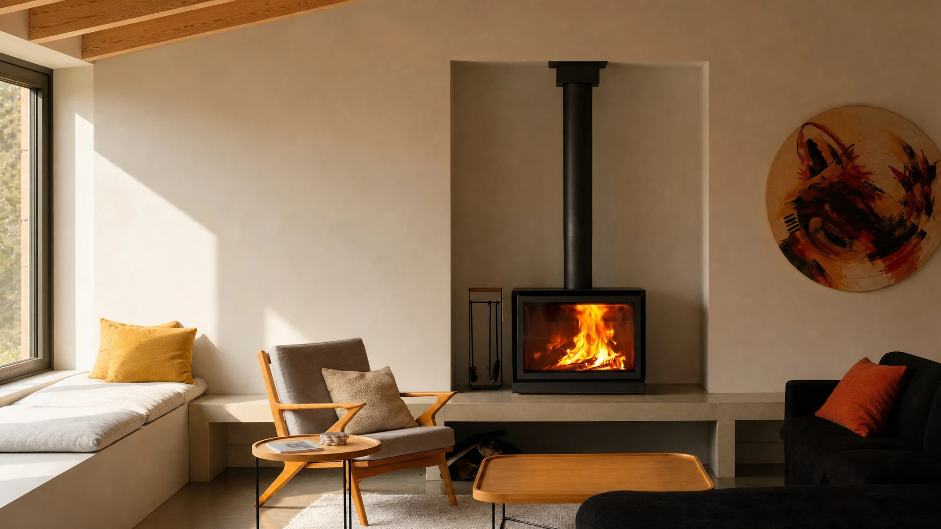 Intérieur chaleureux avec poêle à bois en fonte noire à foyer ouvert, flammes vives visibles derrière vitre arquée