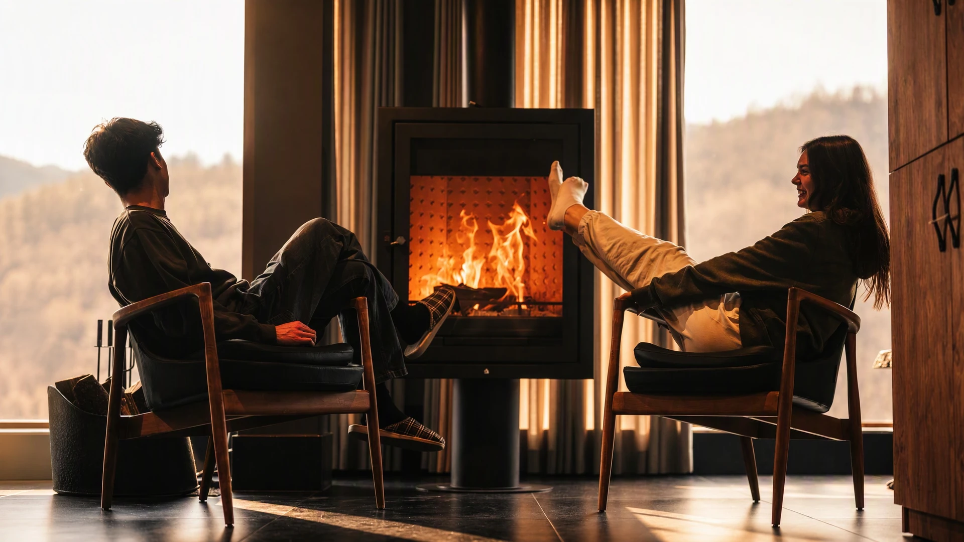 Intérieur moderne avec poêle à bois en fonctionnement, flammes orange vives visibles à travers la vitre